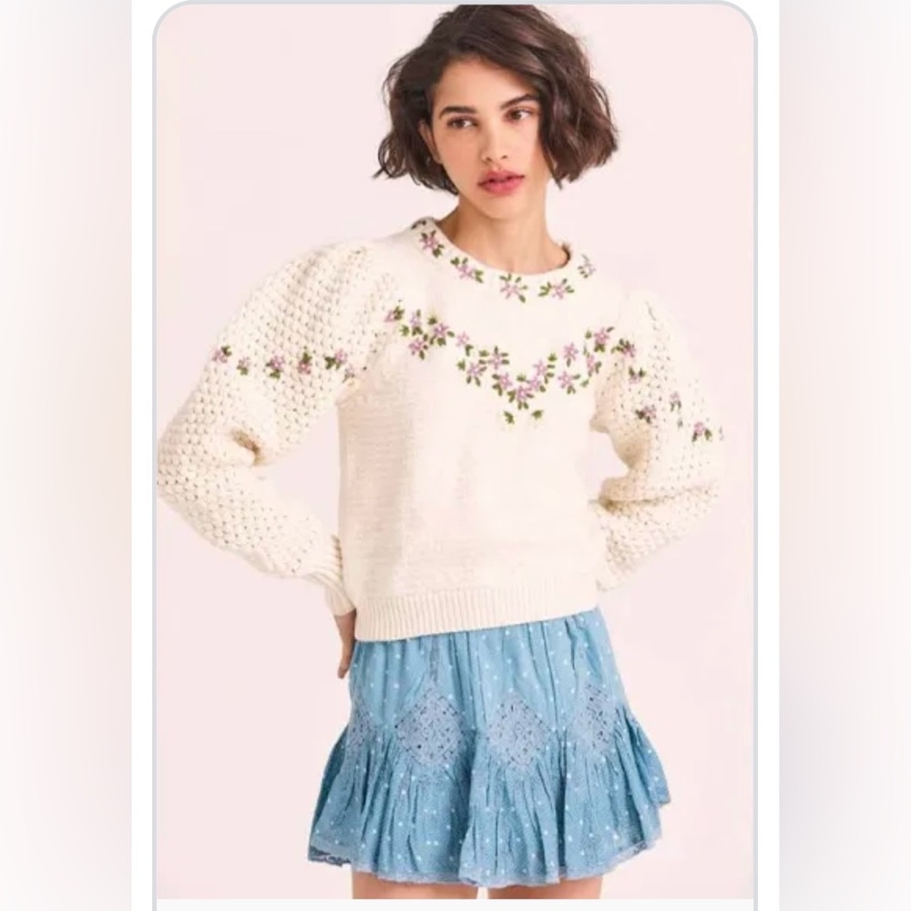 LoveShackFancy Floral Embroidered Cream Sweater